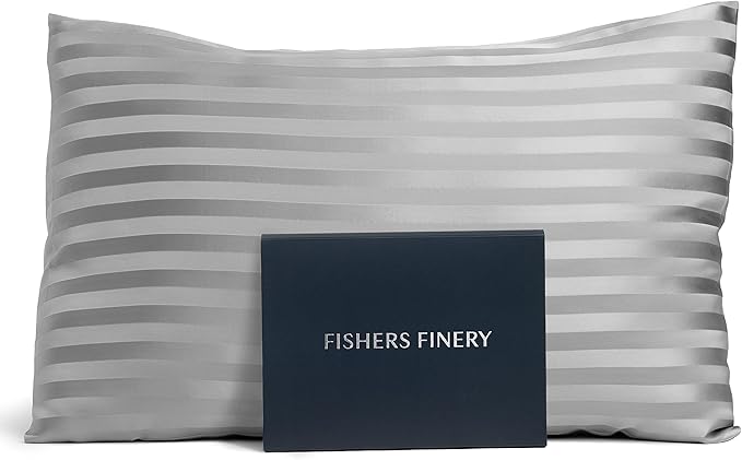 Fishers Finery 25mm 100% Pure Mulberry Silk Pillowcase (Gray Stripe Standard)