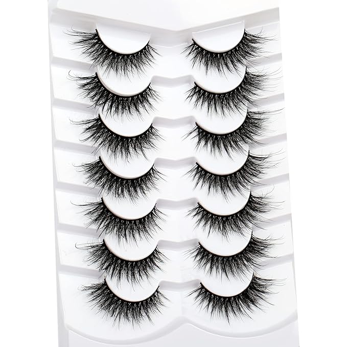 Pooplunch False Eyelashes Natural Fluttery Lashes Wispy 8D Volume Cat Eye Crossed Fake Eyelashes Faux Mink Lashes Strips 7 Pairs Pack