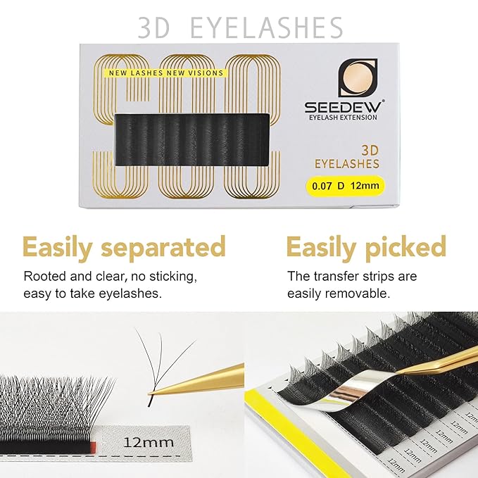 SEEDEW 3D Lash Extensions, 0.10mm D Curl MIX8-15mm 12 Rows/Tray, W Shape Flat Stem, PBT Natural Eyelash Grafting for Beginner Artist, Lash Tech, Beauty Salon(3D-Matte Black-0.10-D-MIX8-15mm)
