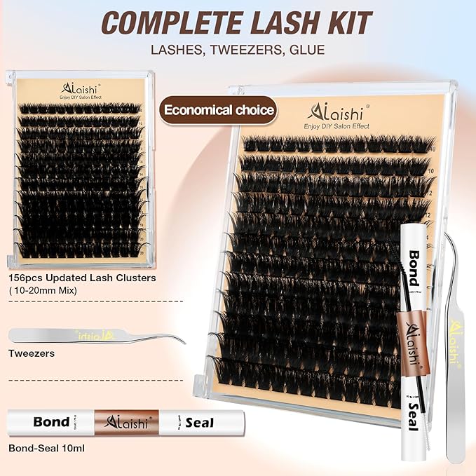 AILAISHI Lash Clusters Kit, DIY Cluster Eyelash Extensions 10‑20mm, 150D, 156pcs Fluffy D Curl Natural Lashes with Bond & Seal,Tweezers–Fake Cat Eye Individual Clusters