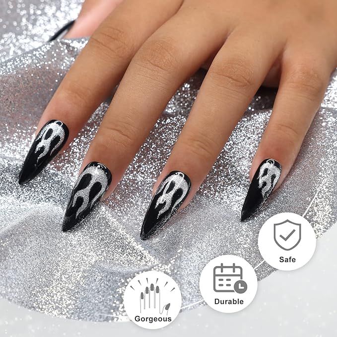 morily Black Press on Stiletto Nails Medium Length Glossy Fake Nails with Fire Pattern Design Acrylic Stick on Nails Long Full Cover Artificial False Nails Manicure for Women (Black Flame)