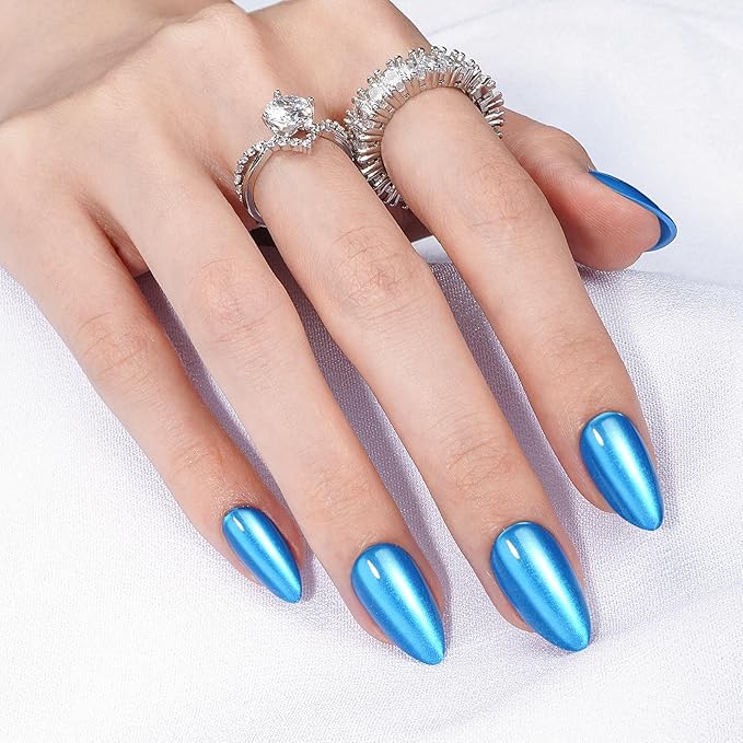 Canvalite Short Almond Press On Nails, 30Pcs Press on Nails Cat Eye Reusable Acrylic Fake Nails with Glue & Glue Remover Easy to Use Manicure Kit for Women, Blue