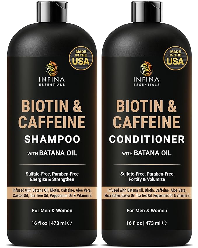 INFINA ESSENTIALS Caffeine Biotin Shampoo and Conditioner Set | 16 fl oz Each | with Batana Oil | Nourishing & Strengthening Formula | Promotes Hair Growth, Thickness & Fuller-Looking Hair