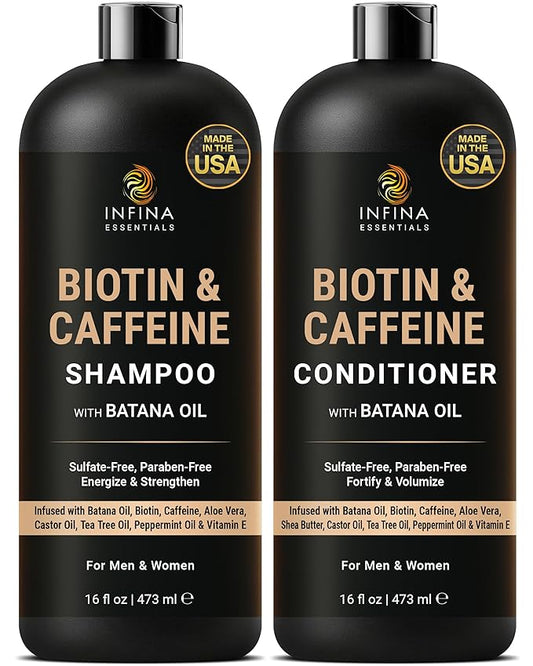 INFINA ESSENTIALS Caffeine Biotin Shampoo and Conditioner Set | 16 fl oz Each | with Batana Oil | Nourishing & Strengthening Formula | Promotes Hair Growth, Thickness & Fuller-Looking Hair