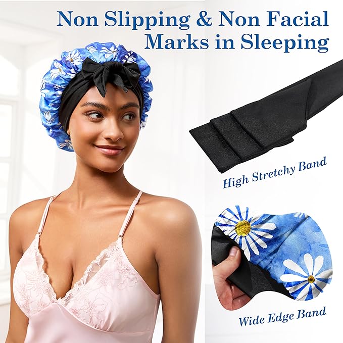 Tie Band Silk Satin Bonnet for Sleeping Hair: Women Sleep Night Wrap Cap for Straight Wavy Curly Coily Kinky Natural Hair Head - Daisy