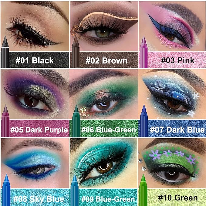 15PCS Colorful Eyeliner Pen Set, Eye Shadow Pencil, Pearl & Matte Metallic Glitter Eyeliner for Women, Eye & Lip Liner, Professional Eye Makeup Set