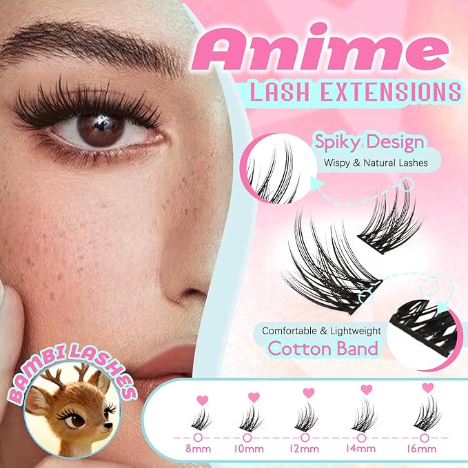 Lash Clusters Anime Spiky Eyelash Extensions Triple Spikes Doll Manga Lash Clusters 8-16MM C Curl 144Pcs Cosplay Doe Eyed Individual Lashes for DIY at Home (Lavender)
