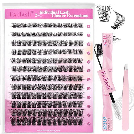 FADLASH Lash Clusters Kit DIY Lash Extension Kit D Curl 0.07 Natural Eyelash Extension Clusters Wispy Lash Clusters with Lash Bond and Seal Lash Tweezer for Self Application(F34-0.07D, 8-16mm Kit)