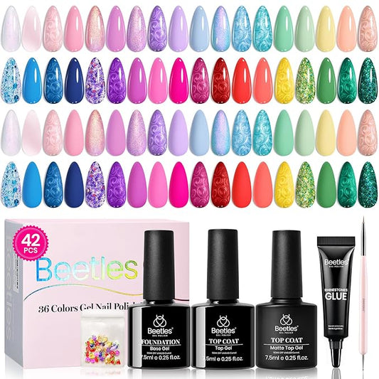 Beetles 36 Colors Gel Nail Polish Set, 42pcs UV Gel Nail Polish Colors Blue Pink Purple Orange Polish Shimmer Glitter Woodland Fairy Collection with Nail Art Rhinestone Gifts for Women Girls