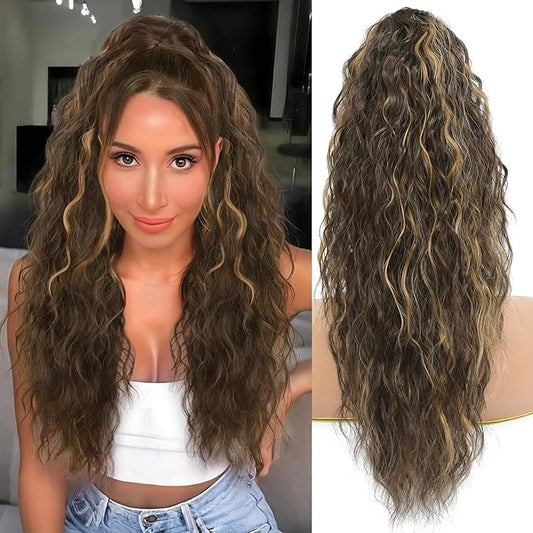 Ponytail Extension, Claw Clip on Pony tails Hair Extension for Women 22 Inch Long Wavy Curly Fake Ponytail Clip in Hair Pieces for Women Fluffy Natural Looking (Chocolate Brown with Blonde Highlights)