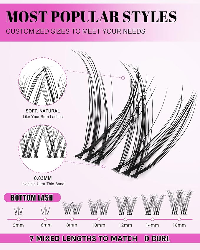 Venus Lash Clusters Kit Wispy 8-16mm with 5-6mm Bottom Lashes Natural Individual False Cluster Eyelash Extension Kit D Curl with Waterproof Bond and Seal & Lash Remover for Fake Lashes Extensions