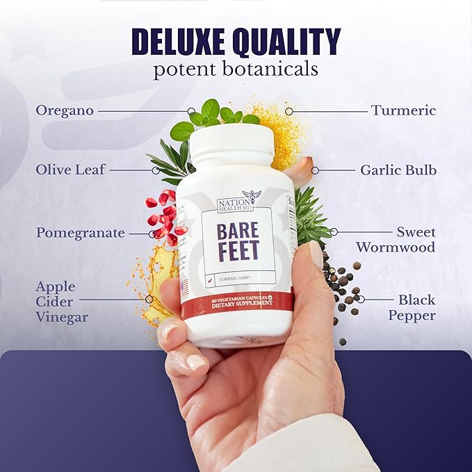 NATION HEALTH MD Bare Feet - Toenail Care - Nails Supplement with Vitamin A, Vitamin C, Oregano Powder and More - Nail Repair, Growth and Nail Care – Foot Health, 60 Capsules