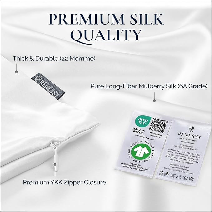 RENESSY Premium Silk Pillowcase 100% Organic Mulberry Silk, 22 Momme, Grade 6A - Oeko-Tex Certified in Germany - Luxury for Hair & Skin, 1 Piece (Queen Size 20x30 Inches, Natural Silk Off-White)