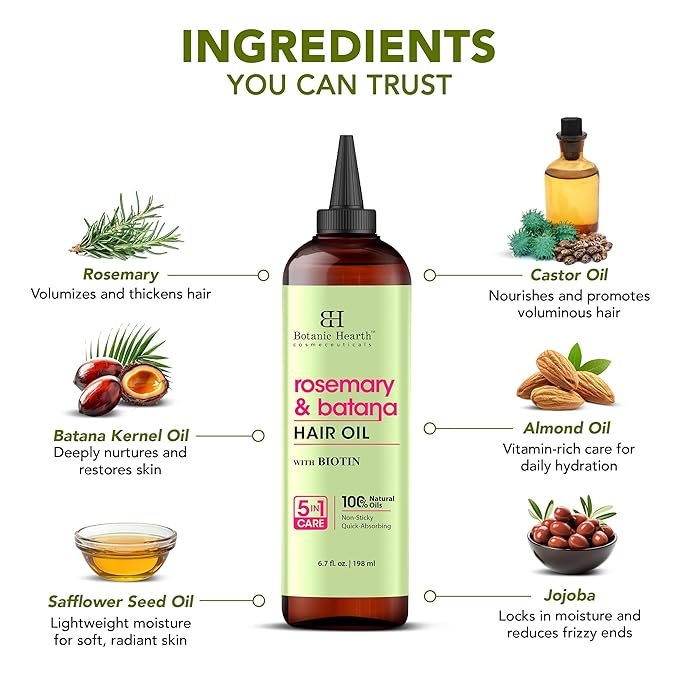 Botanic Hearth Hair Oil for Hair Growth & Hair Relaxer | Strengthening Dry, Frizzy, Damaged Hair & Scalp Treatment | Rosemary & Batana Hair Oil – 6.7 Fl Oz