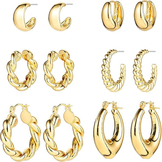 HILXURY Gold Chunky Hoop Earrings Set for Women, 14K Gold Plated Twisted Huggie Hoop Earring Hypoallergenic, Thick Open Hoops Set Lightweight
