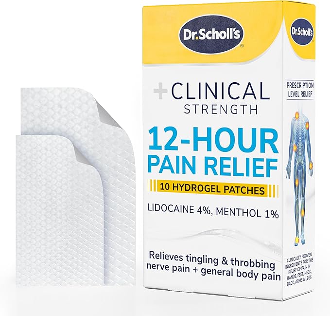 Dr. Scholl’s Clinical Strength 12-Hour Pain Relief Hydrogel Patches 10ct - 4% Lidocaine for Powerful Numbing, Instant Cooling Pain Relief with Menthol, Added Arnica, for Hands, Feet, Neck, Back & Legs