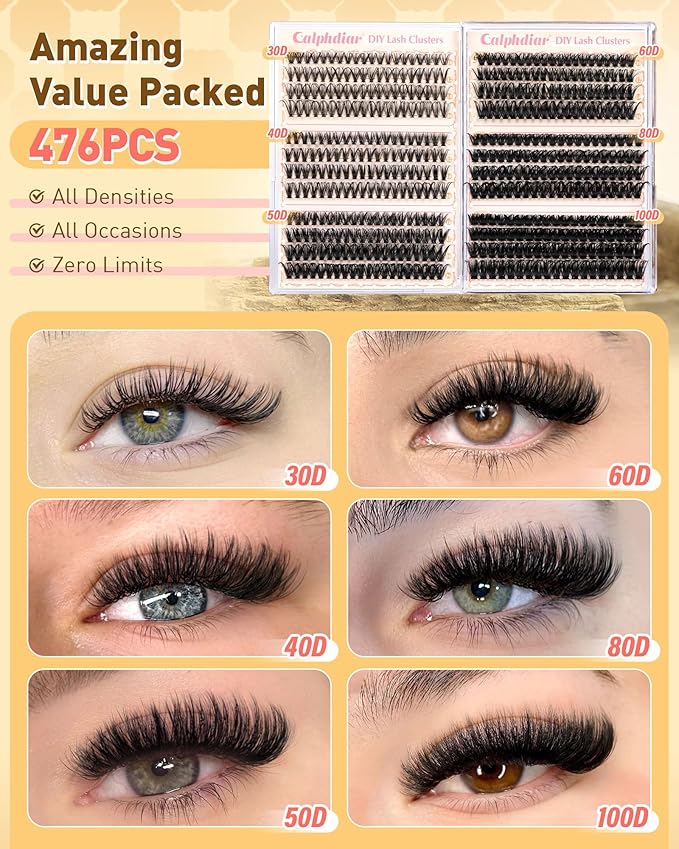 Calphdiar Eyelash Clusters 30D+40D+50D+60D+80D+100D Lash Clusters 476PCS Wispy Individual Lashes D-curly Lash Extension 10-16MM DIY Cluster Eyelash Extensions for Everyday at Home