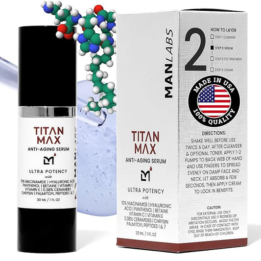 Man Labs Titan MAX Anti-Aging Face Serum for Men – Ultra Potency Mens Face Lotion – Skin Tightening Cream for Face – Mens Skin Care – Vitamin C & E, 10% Niacinamide, Hyaluronic Acid – Unscented