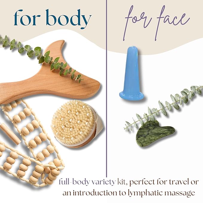Abundantly Made Co. | 6-Piece Lymphatic Drainage Variety Kit + Wood Therapy Massage Tools | Wood, Jade & Silicone for Maderoterapia, Gua Sha, Cupping & Dry Brushing | Body Sculpting + Fascia Massager