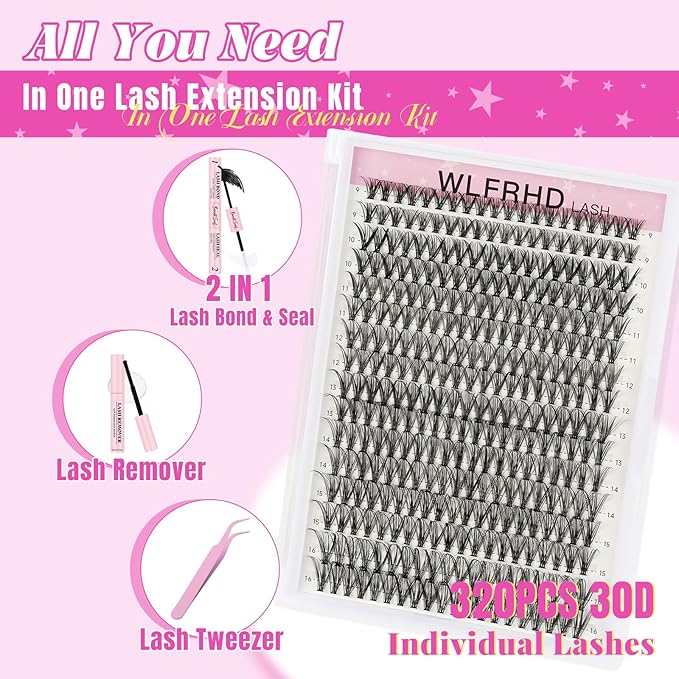 Lash Clusters Kit 320 Pcs DIY Individual Cluster Lashes D Curl Lash Extension Kit with Eyelash Bond and Seal, Remover, Tweezers Applicator Tool for False Eyelash Cluster Kit(30D, Mix9-16mm Kit)