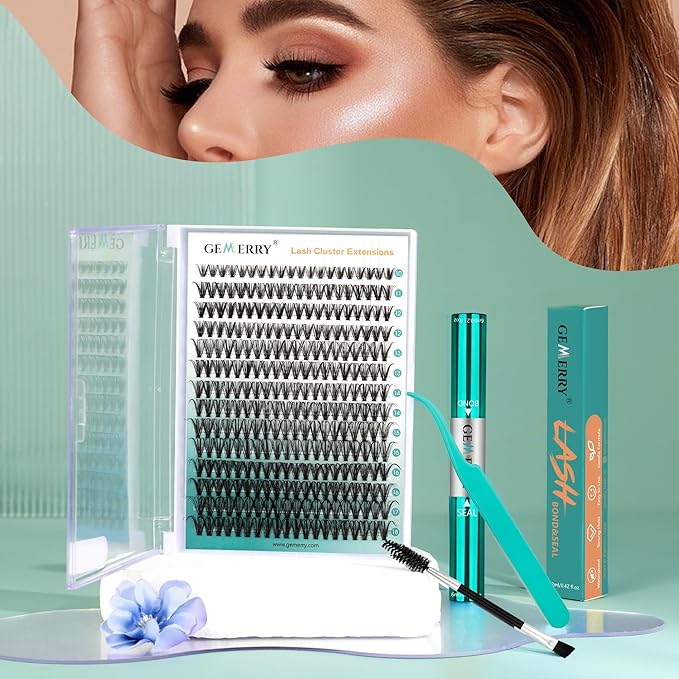 GEMERRY Fluffy Lash Extension Kit Thick Lash Clusters Kit Eyelash Clusters 280Pcs D Curl Eyelash Extension Kit With Lash Bond and Seal, Lash Tweezers, DIY Lash Extension(100P-10-18mm)