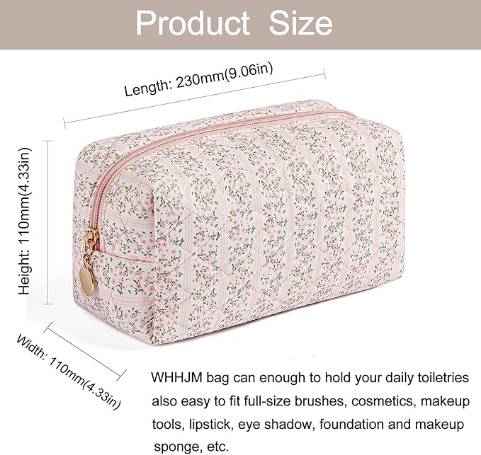 Cute Floral Makeup Bag Small Cotton Quilted Cosmetic Bag, Aesthetic Essential Bag Emergency Bag Gift for Women Girls Travel Accessories (Pink Floral)