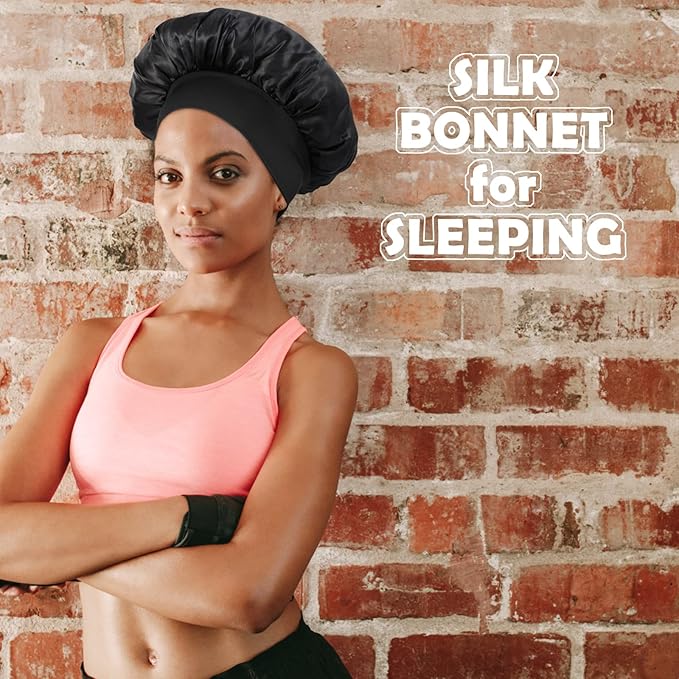 2PCS Silk Bonnet for Sleeping Women, Satin Bonnet for Sleeping with Soft Elastic Band, Silk Hair Bonnets for Women Curly Hair