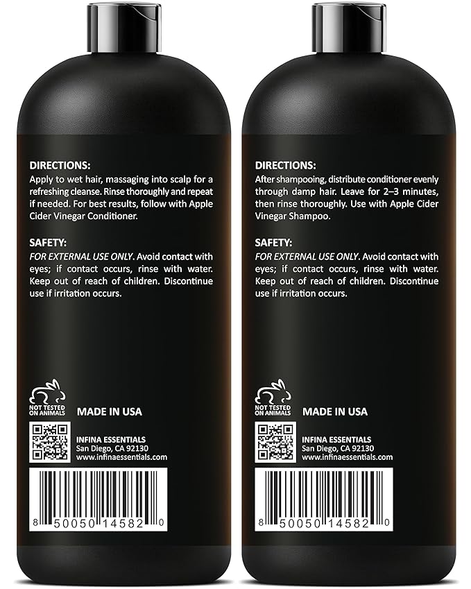 INFINA ESSENTIALS Apple Cider Vinegar Shampoo and Conditioner Set | 16 fl oz Each | with Batana Oil, Biotin & Tea Tree | Clarifying, Detoxifying & Moisturizing Formula | Promotes Hair Growth & Shine