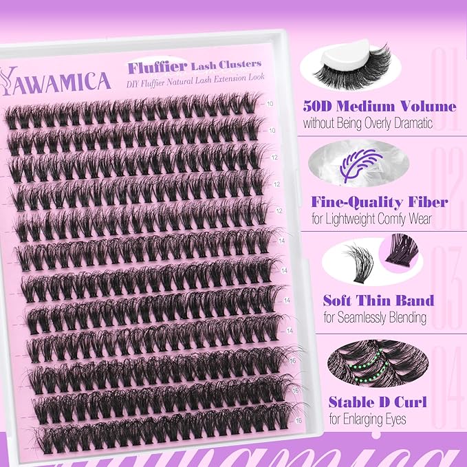 Yawamica Lash Clusters Kit Fluffy Eyelash Extension Kit 10-16mm Eyelash Clusters 50D Volume Individual Lashes 240pcs D Curly Cluster Eyelash Extensions DIY Cluster Lashes with Bond and Seal Tweezers