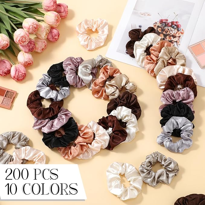 Hoteam 200 Pieces Satin Hair Scrunchies Bulk for Ponytail Holder Solid Color Satin Hair Tie Hair Elastics Bands for Women Teens Birthday Gift (Brown)