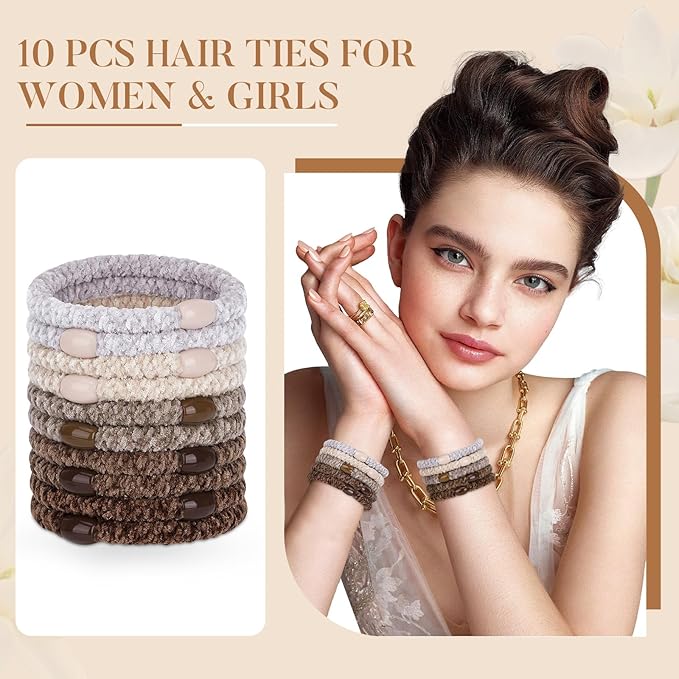 Braided Hair Ties No Damage, 10 Pcs Soft Plush Hair Bands for Women's Hair, Bracelet Hair Elastics & Ponytail Holders for Thick Hair - Brown