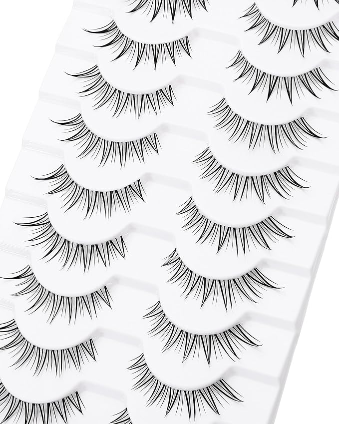 outopen 10 Pairs Fox Eye Manga Lashes Natural Look Asian Lashes Doll Style Spiky Clear Band Anime Lashes Wispy Cat Eye False Lashes Extension