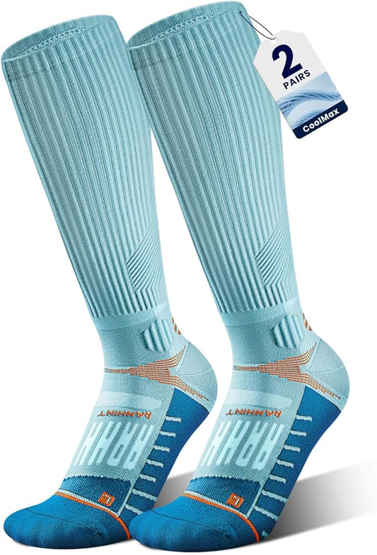 Rahhint Coolmax 20-30 mmHg Compression Running Socks, Long Distance Anti Blister Cushion Moisture Wicking Tall Athletic Socks