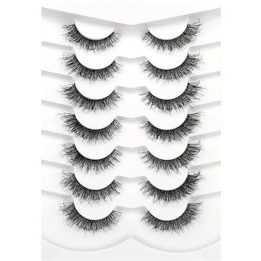 Pooplunch False Eyelashes Cat Eye Look Natural Short Wispy Lashes 8D Crossed Extension Volume Fake Eyelashes Faux Mink Human Hair Lashes 7 Pairs Pack