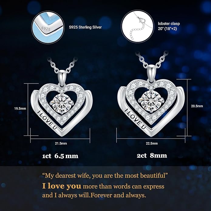Moissanite Heart Necklaces for Women, Engraved 'I LOVE YOU' Gift for Women Girlfriend, Diamond Necklace for Women, 1-3 Carat Moissanite Necklace, Anniversary Valentines Birthday Gifts Present for Wife Women, Mom