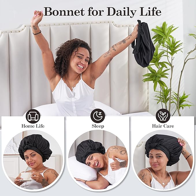 Tie Band Silk Satin Bonnet for Sleeping Hair: Women Sleep Night Wrap Cap for Straight Wavy Curly Coily Kinky Natural Hair Head - Black