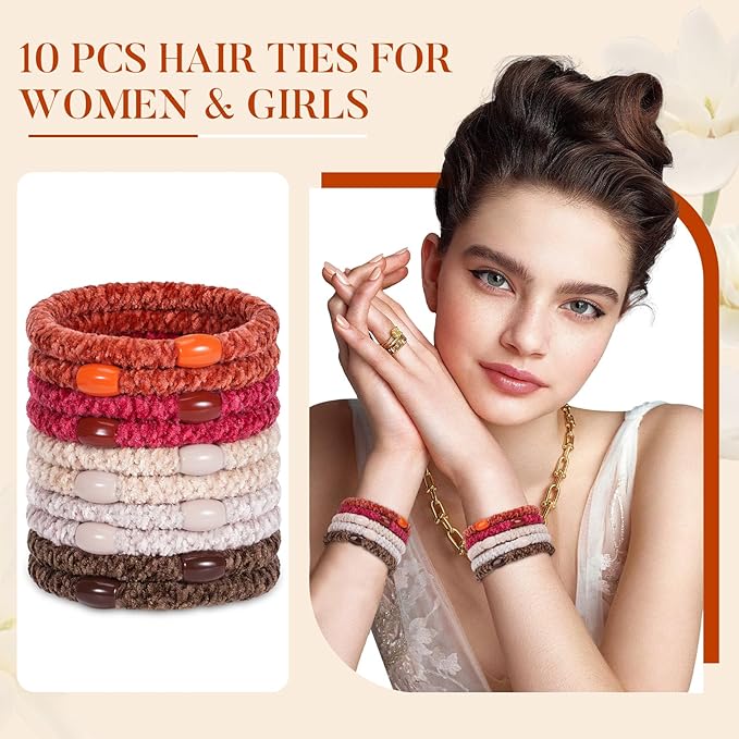 Braided Hair Ties No Damage, 10 Pcs Soft Plush Hair Bands for Women's Hair, Bracelet Hair Elastics & Ponytail Holders for Thick Hair - Ember Glow