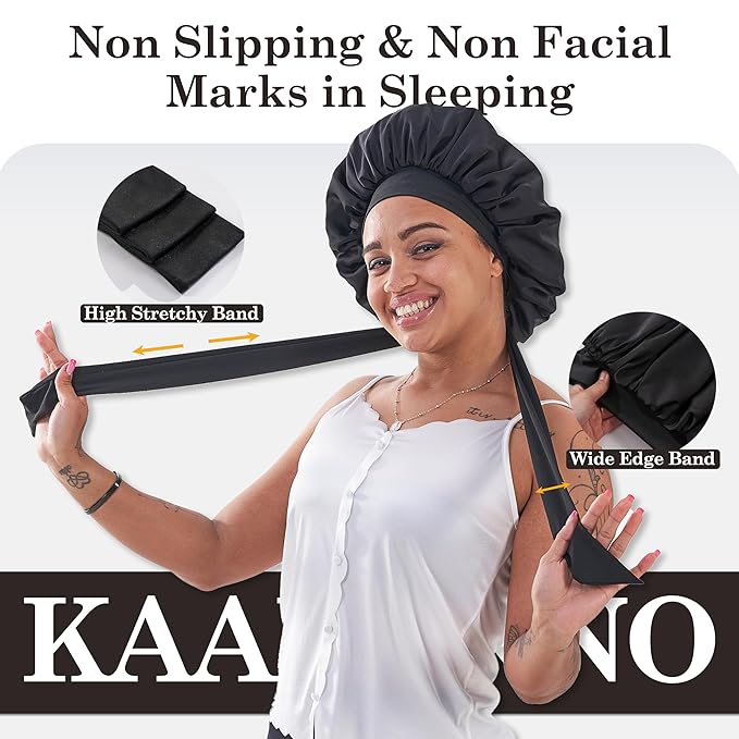 Tie Band Silk Satin Bonnet for Sleeping Hair: Women Sleep Night Wrap Cap for Straight Wavy Curly Coily Kinky Natural Hair Head - Black