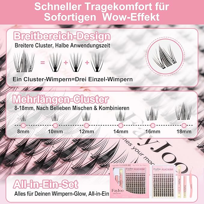 Wispy Spiky Soft Lash Clusters Kit, C Curl 8-18mm, Thin Fiber with 0.05mm Invisible Band, DIY Salon Eyelash Extension Kit with Bond Seal Remover Tweezers, Lightweight, FayJoo FLICKER 11 Kit