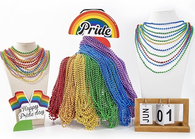 EOBOH 200PCS Pride Accessories, LGBTQ Pride Beads Necklace Accessories, 6 Kinds of Metallic Beads Necklace Bulk, Gay Lesbian Pride Necklace, Costumes Decor for Pride Month Parade Throws Party Favors