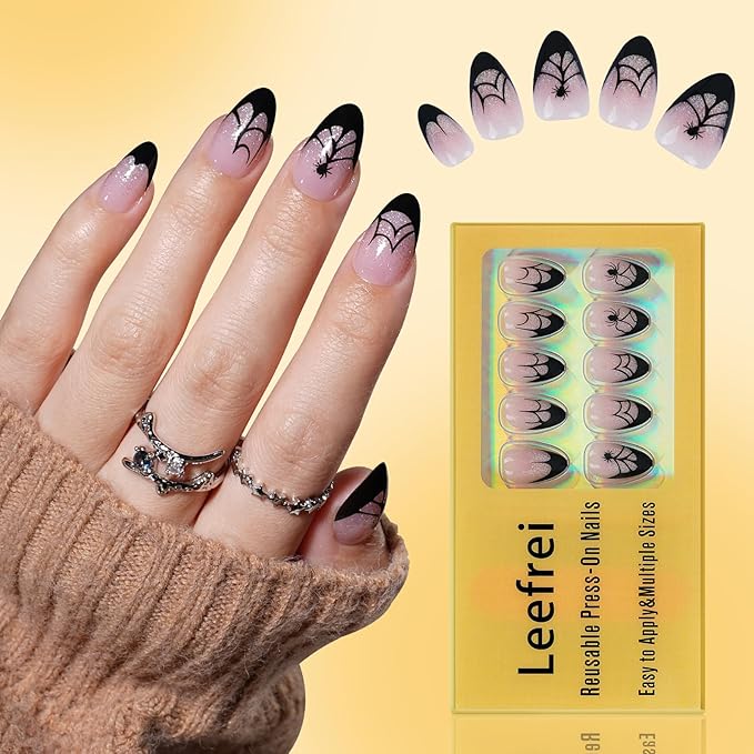 Halloween Press on Nails - Glossy Black French Tip Press on Nail, Short Almond Fake Nails Reusable Nails Press ons for Women, 32 Pieces in 16 Sizes False Nails Kit with Glue, Dark Veil