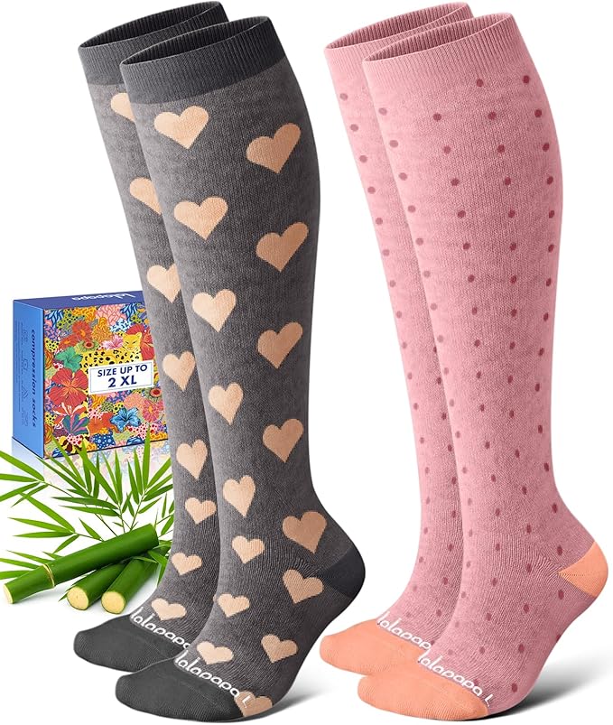 Lalapapa Bamboo Viscose Compression Socks for Women Men 2 Pairs 15-20mmHg Knee High Compression Socks Travel Nurse