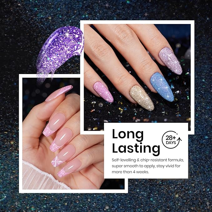 Beetles Reflective Glitter Gel Nail Polish Kit Winter Gel Polish 6 Colors Holographic Sparkle Flash Dimond Sliver Gold Soak Off UV LED Manicure Gift for Women Girls Midnight Sparkling