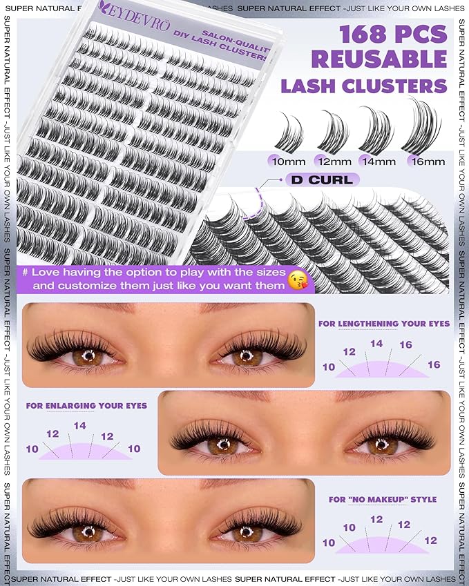 EYDEVRO Natural Lash Clusters Kit Wispy Eyelash Clutsers Kit 10-16mm Cluster Eyelash Extensions D Curl Lash Extension Kit Salon-quality Cluster Lashes at Home Lash Bond and Seal, Tweezers, Brush