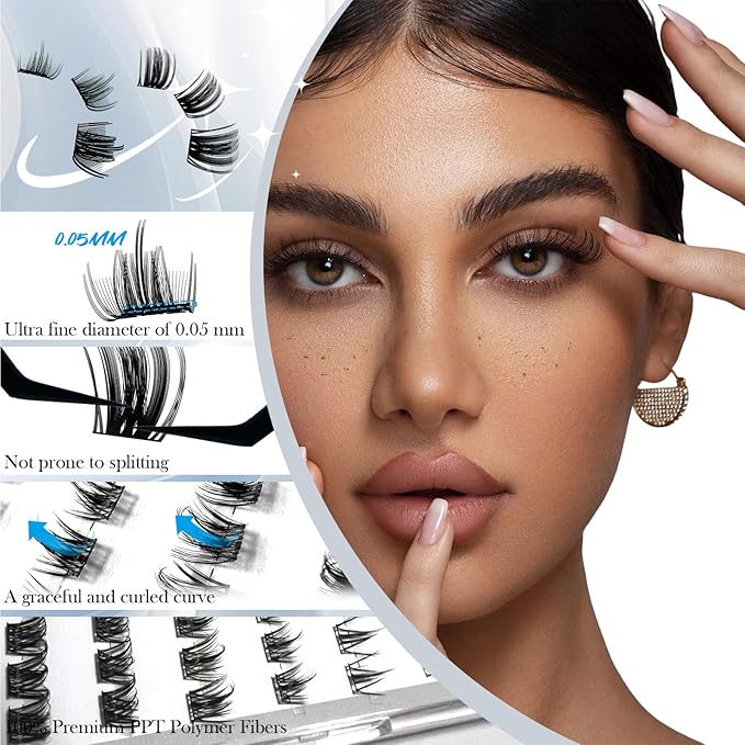 Luxury Lash Clusters Kit - Wispy & Fluffy Cluster Eyelash Extensions 8-16mm, 150H Wear | Korean Hypoallergenic PBT Fibers, Waterproof Glue & Seal | Gift Ready Premium Box (Mix-sliver box)