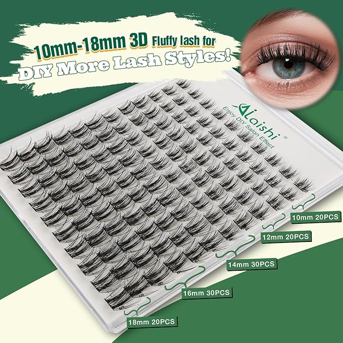AILAISHI Lash Clusters Kit, DIY 3D Cluster Eyelash Extensions 10‑18mm,120pcs Fluffy D Curl Soft Natural Lashes with Bond and Seal,Remover,Tweezers,–Fake Cat Eye Wispy Individual Clusters MIX1-2-L
