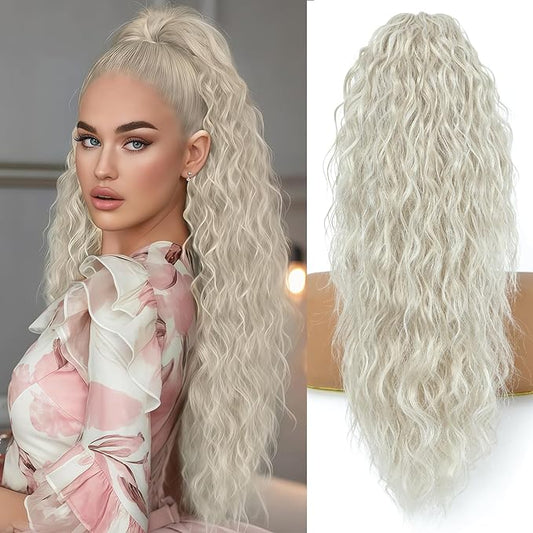 Ponytail Extension, Claw Clip on Pony tails Hair Extension for Women 22 Inch Long Wavy Curly Fake Ponytail Clip in Hair Pieces for Women Fluffy Natural Looking (Off-white, 22 Inch)