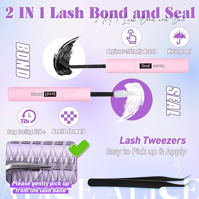 ALICE Natural Lash Clusters Kit Wispy Lash Extension Kit Thin Band Cluster Eyelash Extension Kit 270pcs C-Curly 10-14mm Individual Lashes with Lash Glue Bond and Seal Self Application at Home