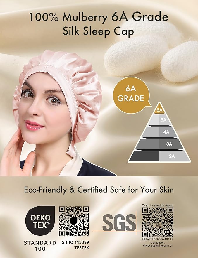LilySilk 100% Mulberry Silk Bonnet Flat Front Silk Night Sleep Cap Adjustable Hair Wrap for Sleeping, Light Beige