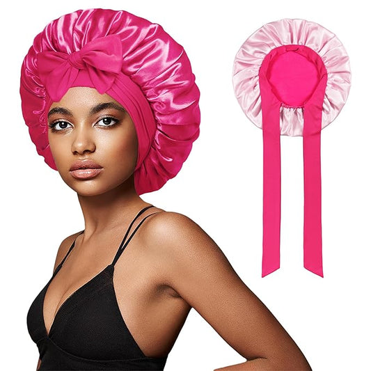 vidsel Bonnet with Tie Band, Hair Care Satin Silk Bonnet for Sleeping Women, Silky Sleep Bonnets for Women, Reversible Double Layer Sleep Cap for Curly Hair Braids